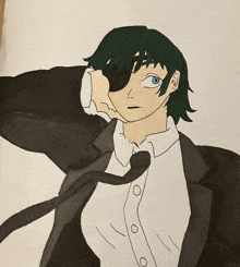 a drawing of a man with green hair and a black suit