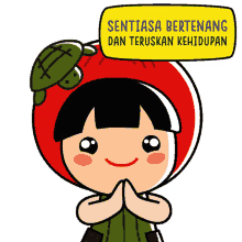 a cartoon of a girl with a turtle on her head and a yellow sign that says sentiasa bertenang dan teruskan kehidupan