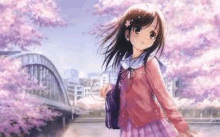 a girl in a pink sweater and purple skirt is standing in front of a bridge with cherry blossoms .