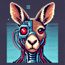 a pixel art of a kangaroo with red eyes and a robotic head