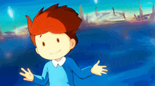 a cartoon boy with red hair and a blue shirt is smiling