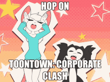 a cartoon drawing of a girl and a cat with the words hop on toontown corporate clash