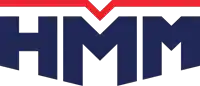 a logo for hmm with a red white and blue border