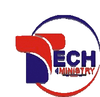 a logo for tech 4 ministry with a red and blue circle