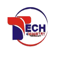 a logo for tech 4 ministry with a red and blue circle