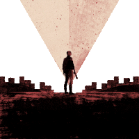 a silhouette of a man with a gun standing in front of a pyramid