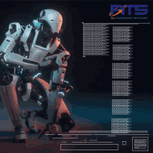 a robot is standing in front of a bts technology solutions logo