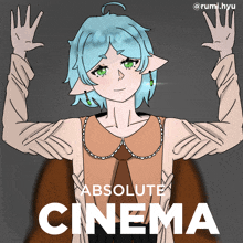 a drawing of a girl with blue hair and the words absolute cinema