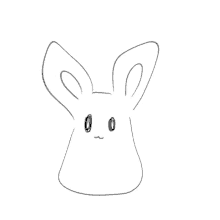 a black and white drawing of a rabbit with a slight smile on its face