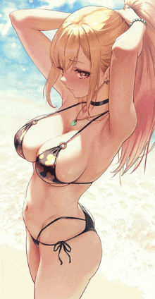 a drawing of a girl in a bikini holding her hair