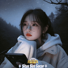 a girl wearing glasses is looking at her phone with situs slot gacor on the bottom