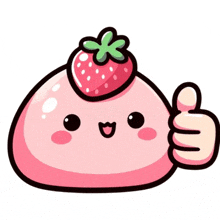 a pink cartoon character with a strawberry on top of it giving a thumbs up .