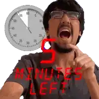 a man with glasses and a clock behind him that says " 5 minutes left "