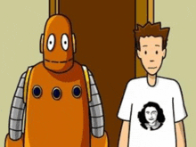 a cartoon of a robot and a man with a t-shirt that says anne frank