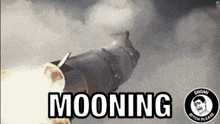 a rocket is being launched into the sky with the words mooning written on it .