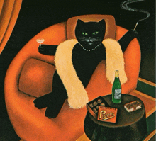 a painting of a black cat smoking a cigarette and holding a martini glass