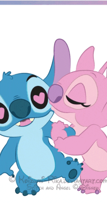 a picture of stitch and angel kissing with the website koizumi-rika.deviantart.com at the bottom