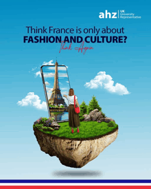 an advertisement for uk university representative ahz shows a woman standing on a floating island