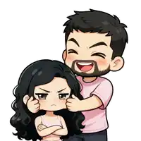 a man with a beard is laughing while standing next to a woman