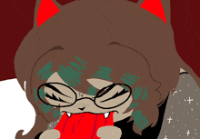 a cartoon drawing of a cat with glasses and fangs