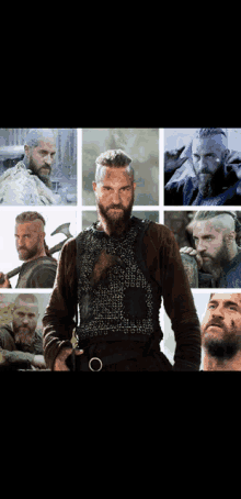 a collage of images of a man with a beard and axe