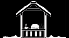 a black and white drawing of a shack with a skull sleeping in it