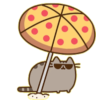 a cat wearing sunglasses is sitting under an umbrella with a pizza on it