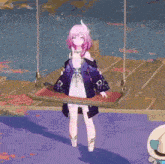 a anime girl with pink hair and blue eyes is wearing a necklace .
