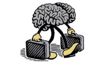 a cartoon drawing of a brain holding a briefcase and walking .