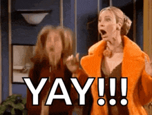two women are standing next to each other with their mouths open and they are saying yay !