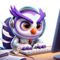 a cartoon owl wearing a space suit is typing on a computer keyboard