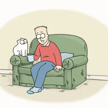a cartoon of a man sitting on a couch holding a cup and a cat