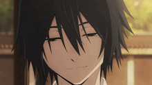 a close up of a anime character with black hair