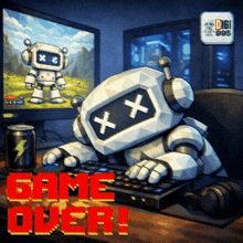a pixel art of a robot playing a video game with the words game over in red
