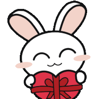 a white bunny is holding a red heart with a red bow