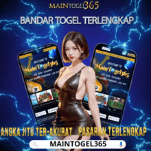 a woman in a black dress is standing in front of a maintogel365 ad