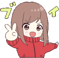 a cartoon girl in a red jacket is giving a peace sign