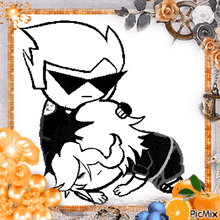 a black and white drawing of a man hugging a cat with flowers in the background