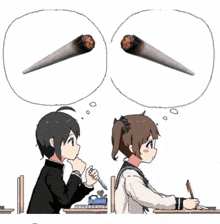 a boy and a girl are sitting at a desk with a joint in their heads .