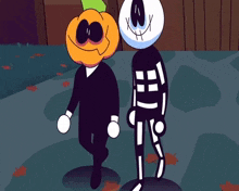 a cartoon drawing of a pumpkin and a skeleton