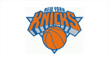 a new york knicks logo with a basketball in the center