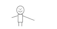 a black and white drawing of a stick figure with a smile on his face and arms outstretched .