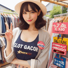 a woman wearing a tank top that says slot gacor giving a peace sign