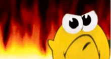 a yellow cartoon smiley face with big eyes is standing in front of a fire background .