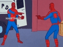 a cartoon of spider man pointing at hartman