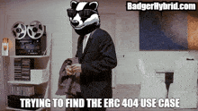 a badger wearing sunglasses and a suit is standing in a room with badgerhybrid.com in the corner