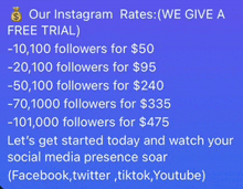 a blue sign that says our instagram rates