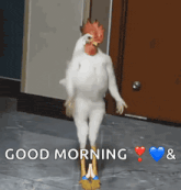 a picture of a chicken with the words good morning and hearts behind it