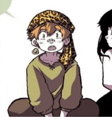 a cartoon of a boy wearing a leopard print head scarf sitting next to a woman .