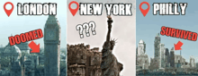 three images of a city with the words london new york and philly written on them
